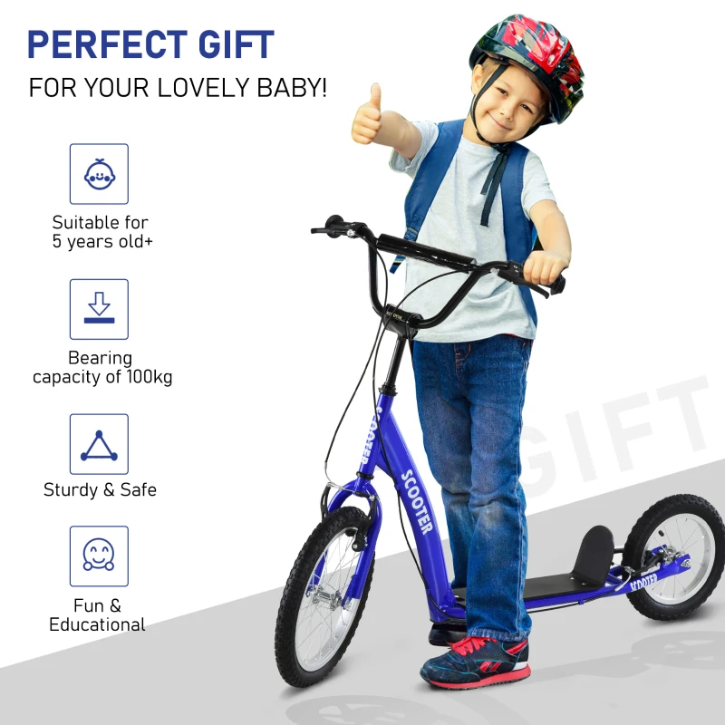 Aosom Youth Scooter Kick Scooter for Kids 5+ with Adjustable Handlebar 16" Front and 12" Rear Dual Brakes Inflatable Wheels, Blue