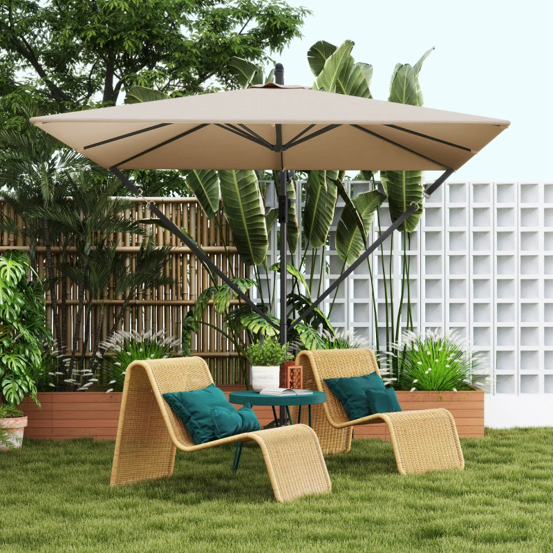 Outsunny Patio Offset Umbrella UPF 50+ UV Protection, Crank Parasol with Base, Cover & Wind Securing, Khaki