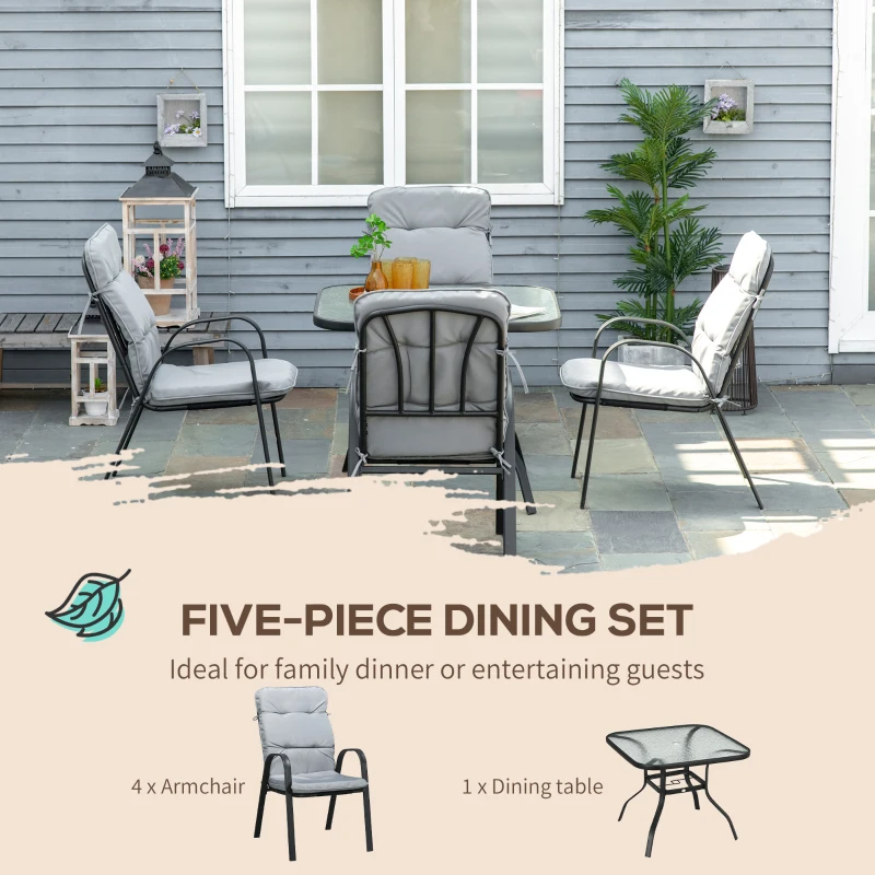 Outsunny 5 Piece Outdoor Square Garden Dining Set w/ Tempered Glass Dining Table 4 Cushioned Armchairs, Umbrella Hole, Grey