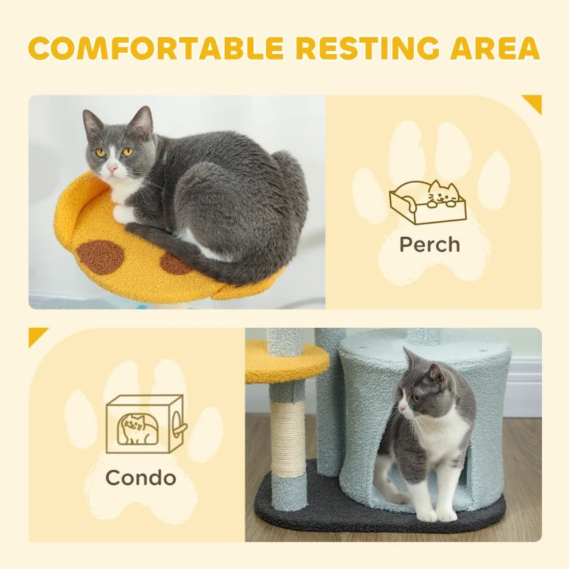 PawHut Cat Tree for Indoor Cats, 31.5 inch Cat Tower with Plush Perch, Platform, Condo, Scratching Post and Toy Ball, Blue