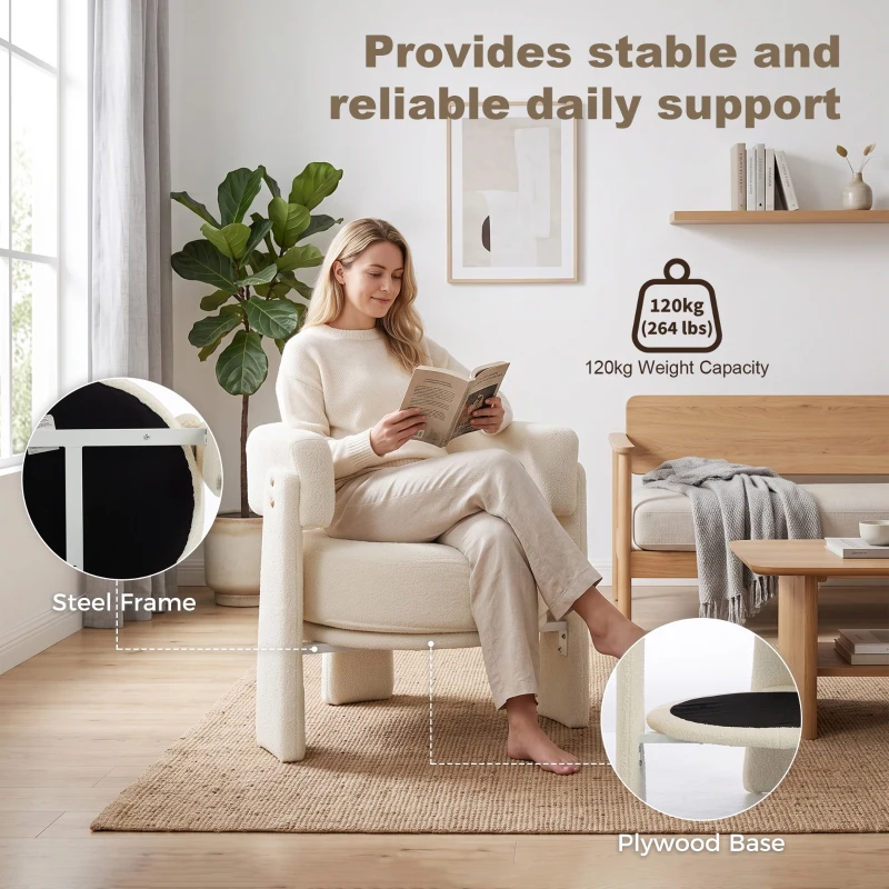 HOMCOM Upholstered Armchair, Sherpa Accent Chair with Lumbar Pillow, Padded Armrests and Thick Cushion, Cream White