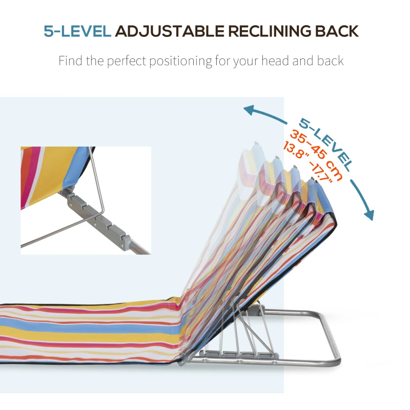 Outsunny Set of 2 Beach Lounge Chair Sun Lounger Beach Mat, Padded Folding Ground Mat Lounge Chair w/Adjustable Back, Steel Frame, Head Pillow and Carry Bag for Backyard Lakeside, Colorful Stripes