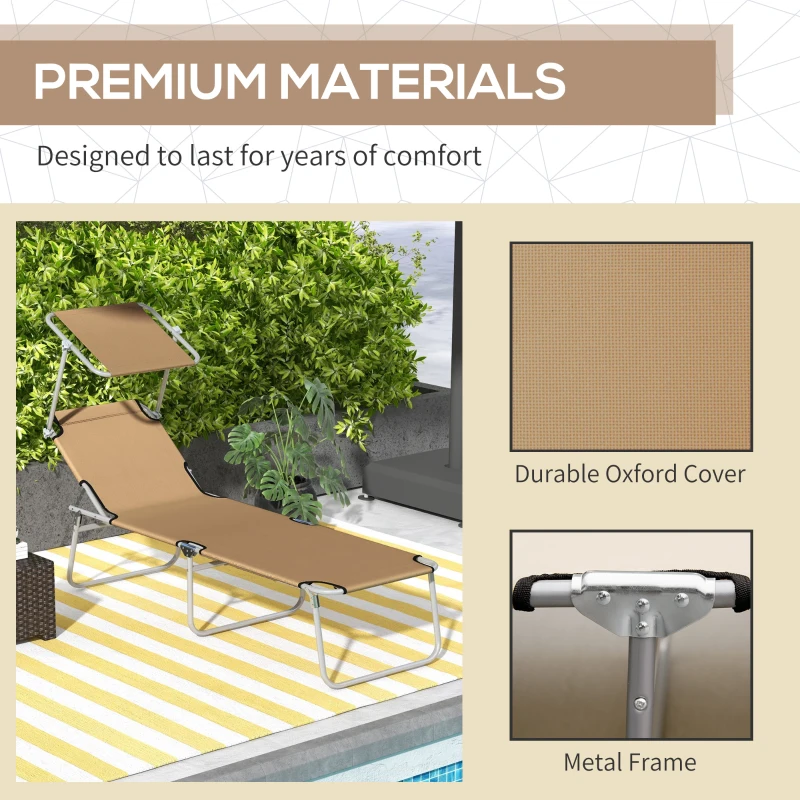 Outsunny Outdoor Lounge Chair, Adjustable Folding Chaise Lounge, Tanning Chair with Sun Shade for Beach, Camping, Hiking, Backyard, Brown