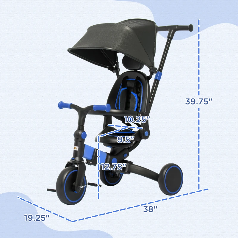 Qaba 3-in-1 Toddler Trike, Push Tricycle, & Balance Bike with Adjustable Settings, Toddler Push Bike, Blue