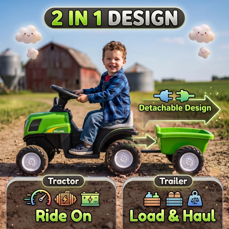 Qaba 2 in 1 Kids Ride On Tractor, 6V Electric Vehicle with Detachable Trailer, Music, Horn, Lights for Ages 1-3 Years, Green