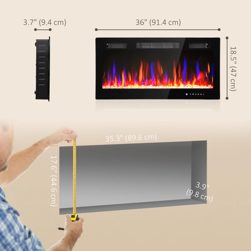 HOMCOM 36" Thin Electric Fireplace, Freestanding, Wall Mounted Fireplace Heater with Eco Mode, Auto Switch, Remote, 1500W