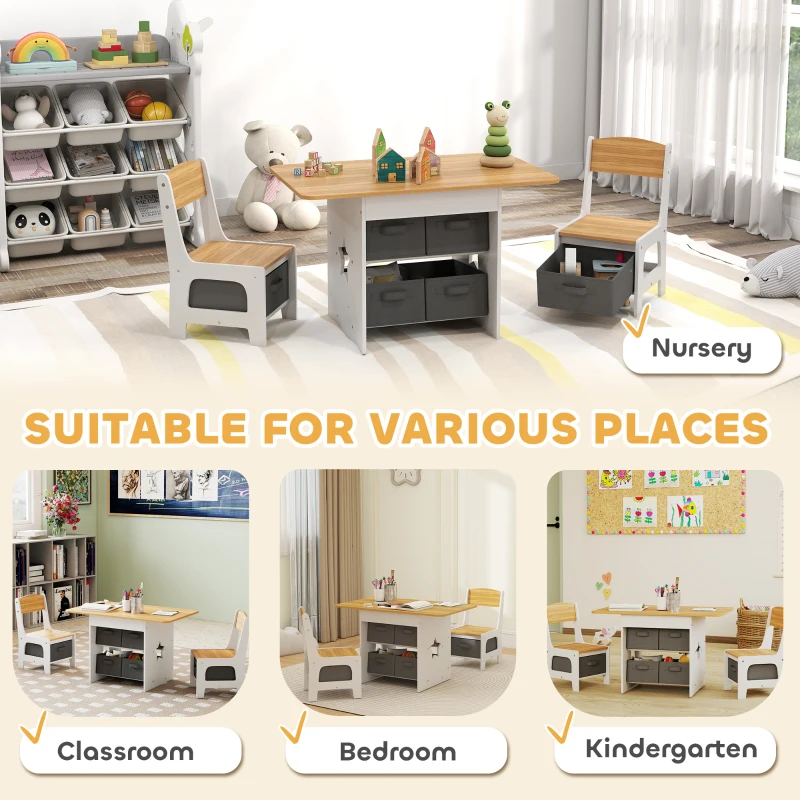 Qaba 3 Piece Kids Table and Chair Set with 6 Removable Drawers, for Classroom, Living Room, Bedroom, Nursery, Natural