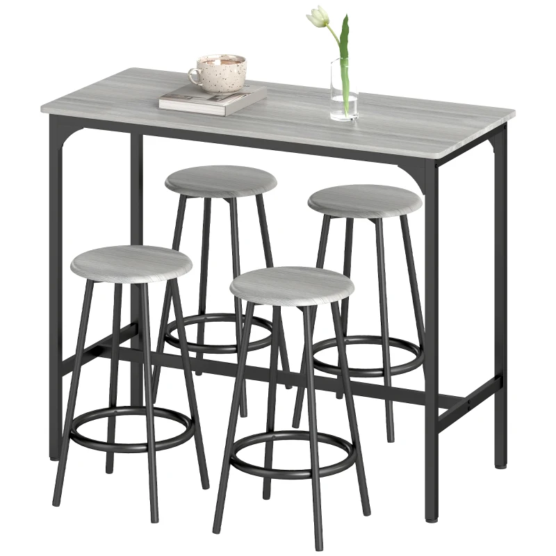 HOMCOM 5-Piece Bar Table and Chairs Set, 43.25" Industrial Pub Table with 4 Stools, Counter Height Kitchen Table Set, Gray