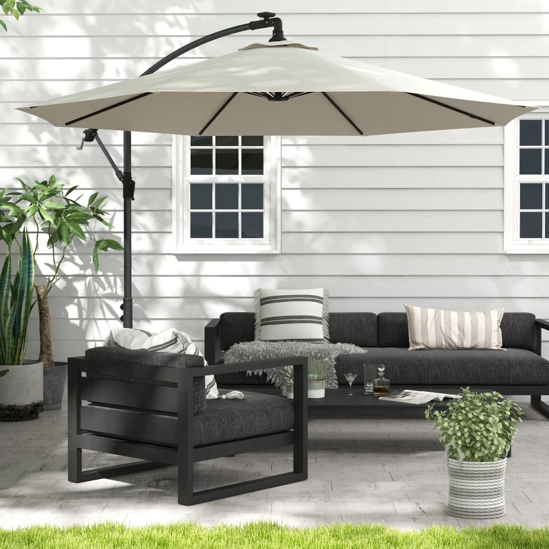 Outsunny 10ft Outdoor Cantilever Hanging Offset Umbrella with Solar LED Lights, Crank, Cross Base, Aluminum Frame, Beige