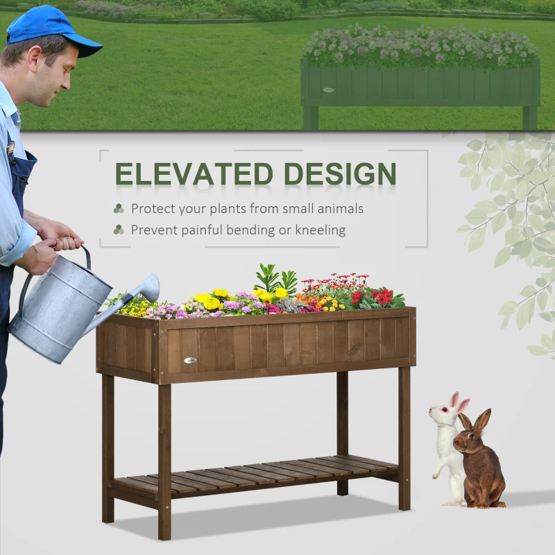 Outsunny Wooden Raised Garden Bed, Elevated Planter Box Stand with 8 Slots and Open Shelf, Dark Brown