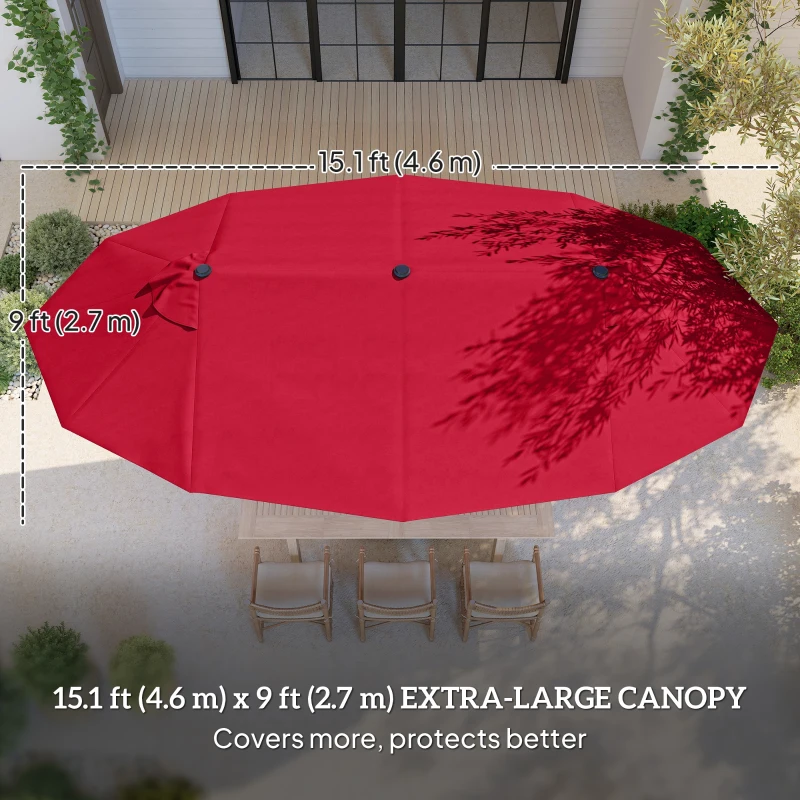 Outsunny 15' Outdoor Patio Umbrella with Twin Canopy Sunshade Steel Table Umbrella w/ Lift Crank, Cross Base, Sandbag, Wine Red