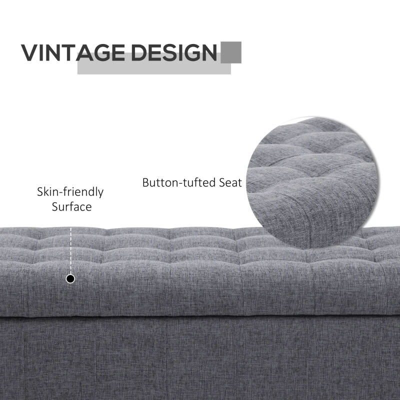 HOMCOM Storage Ottoman, Linen Fabric End of Bed Bench with Soft Close Lid, Button Tufted Storage Bench for Living Room, Entryway or Bedroom, 42" x 17" x 19", Grey