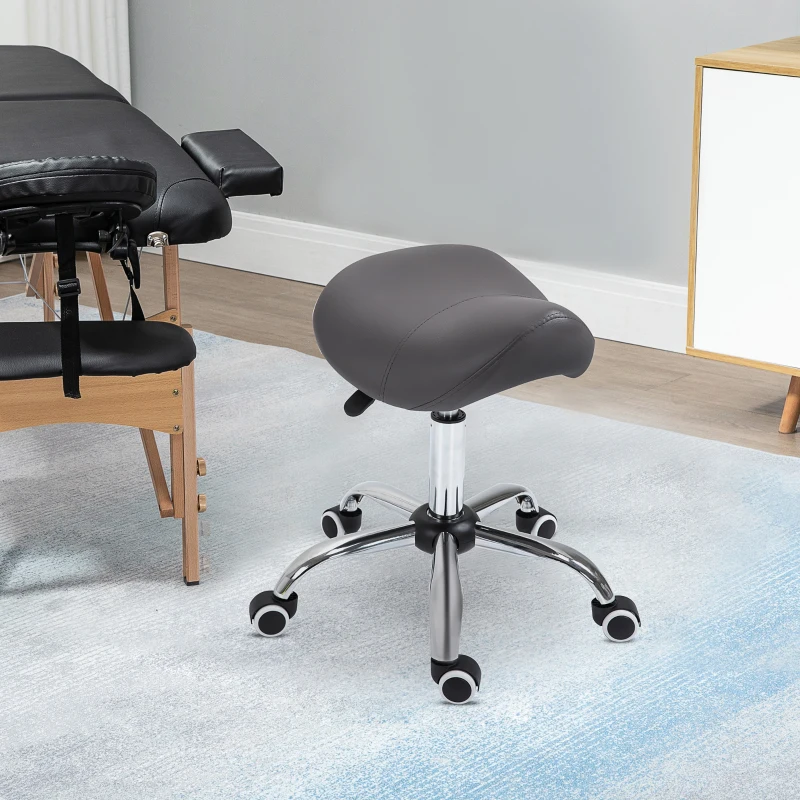 HOMCOM Ergonomic Rolling Saddle Stool PU Leather Hydraulic Spa Stool Height Adjustable Swivel Drafting Salon Chair, Gray