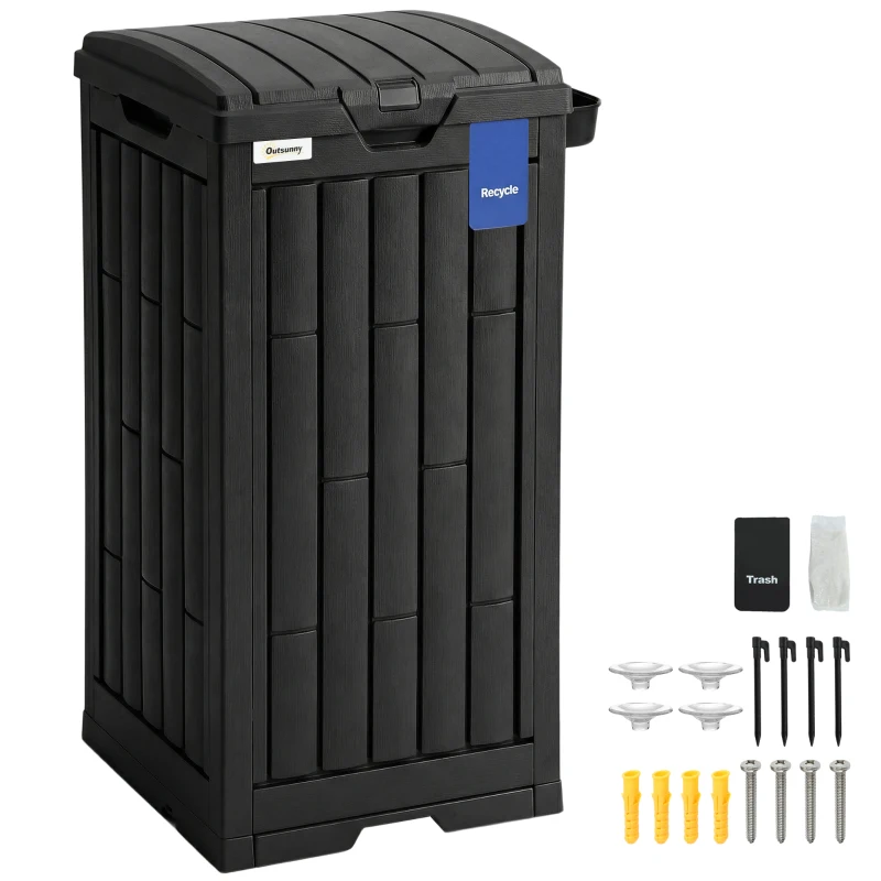 Outsunny 29 Gallon Outdoor Garbage Bin with Dual Lid, Plastic Outdoor Waste Trash Can with Side Holder and Drip Tray, Black