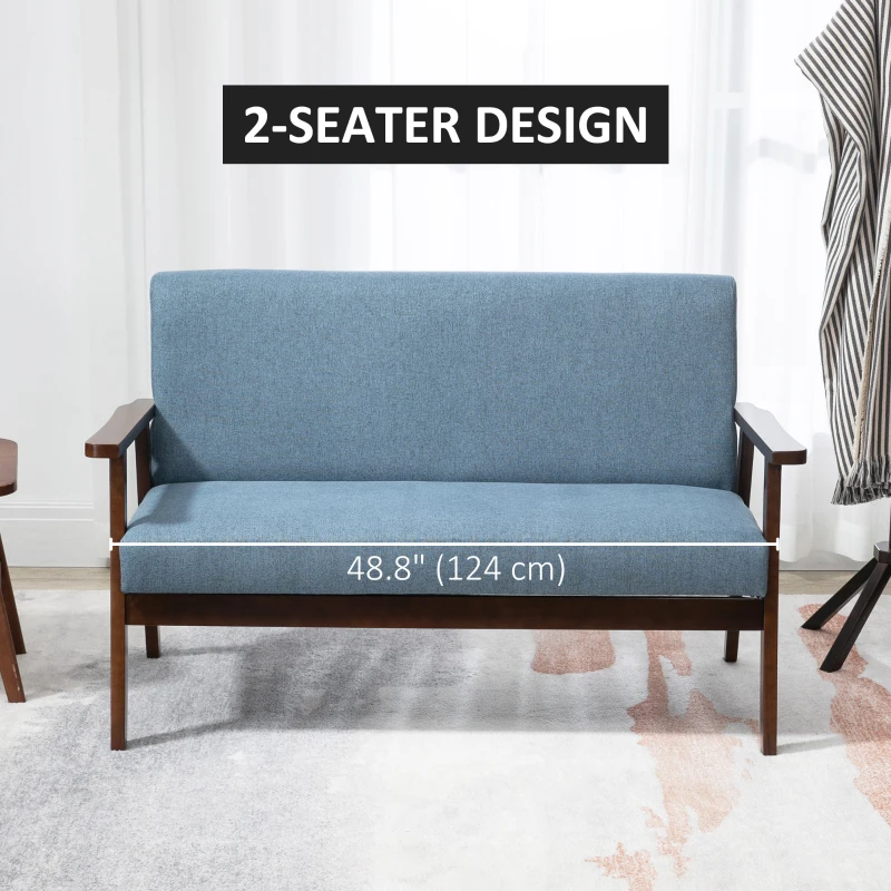 HOMCOM Compact Loveseat Sofa Couch Linen Fabric Double Seat Sofa with Rubber Wood Legs Blue