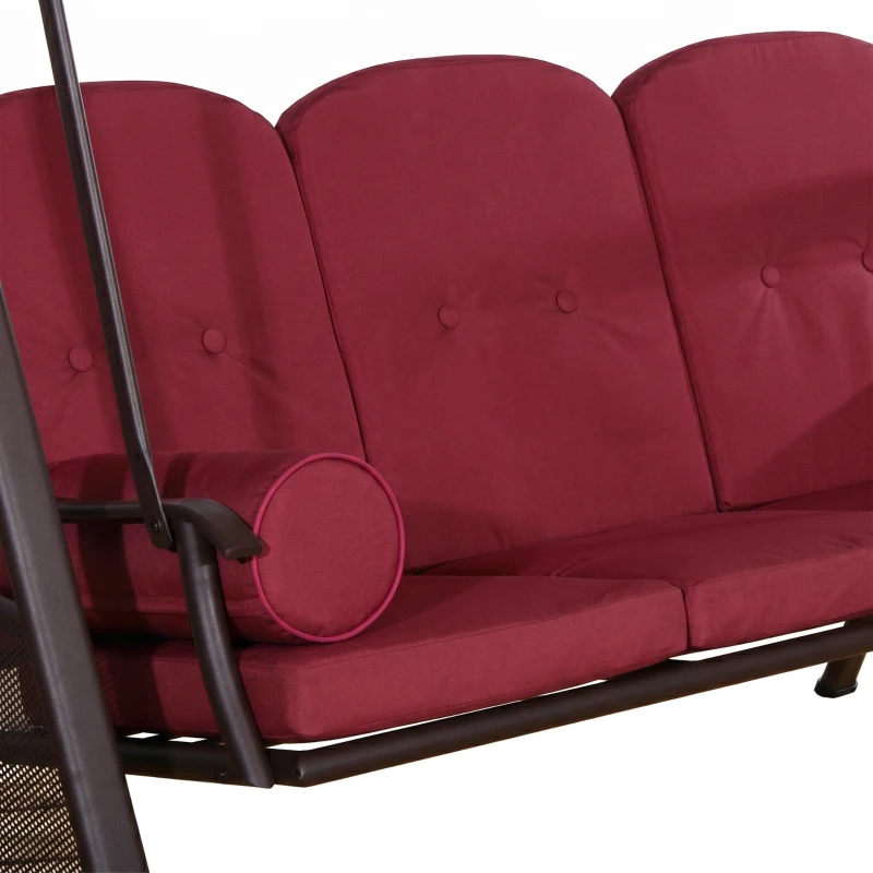 Outsunny Outdoor Patio 3-Person Steel Canopy Cushioned Seat Bench Swing with Included Side Trays & Padded Comfort, Wine Red