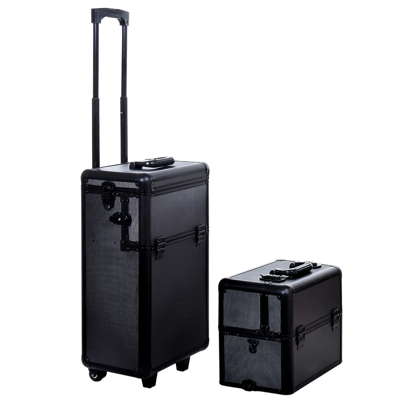 HOMCOM Pro 3 in 1 Portable Aluminum Makeup Train Cases Rolling Cosmetic Organizer Box, Black (Black)