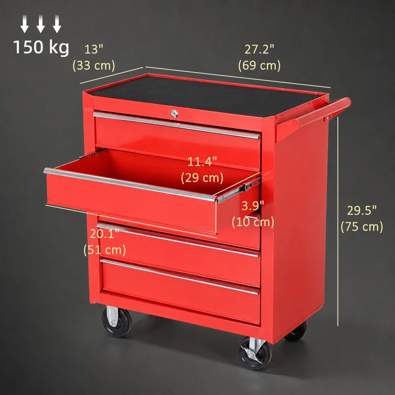 HOMCOM 5 Drawer Roller Tool Chest, Mobile Lockable Toolbox, Storage Organizer with Handle for Workshop Mechanics Garage, Red