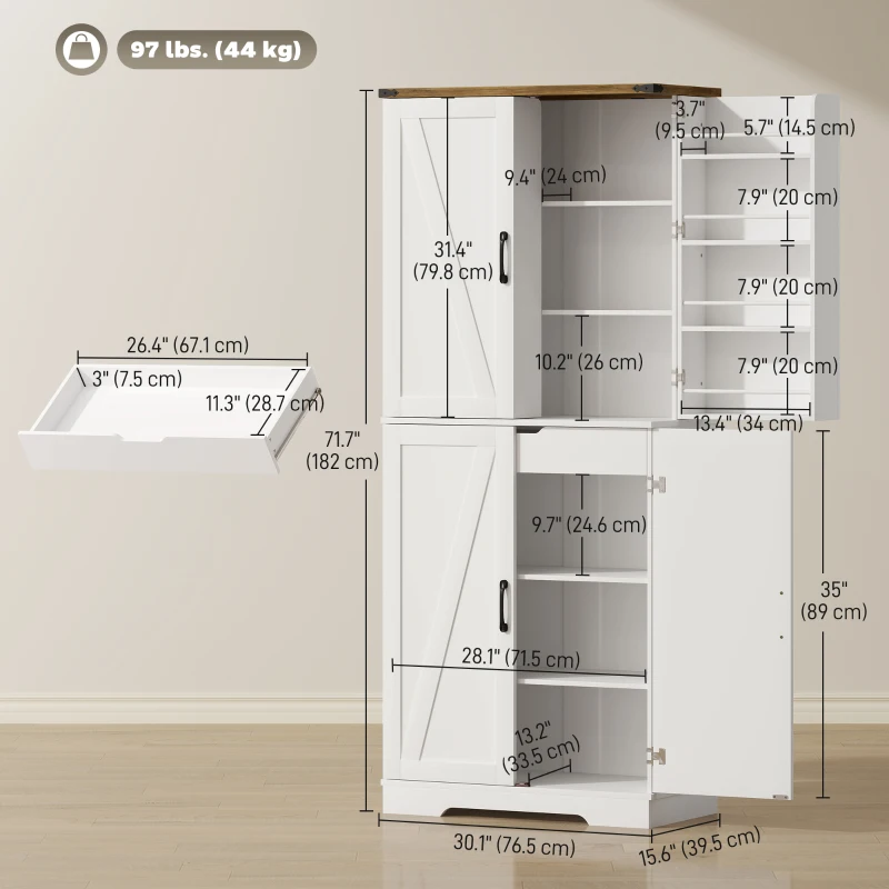 HOMCOM 72" Kitchen Pantry Cabinet, Farmhouse Storage Cabinet with 4 Doors, Drawer, 8 Door Shelves and Adjustable Shelf, White