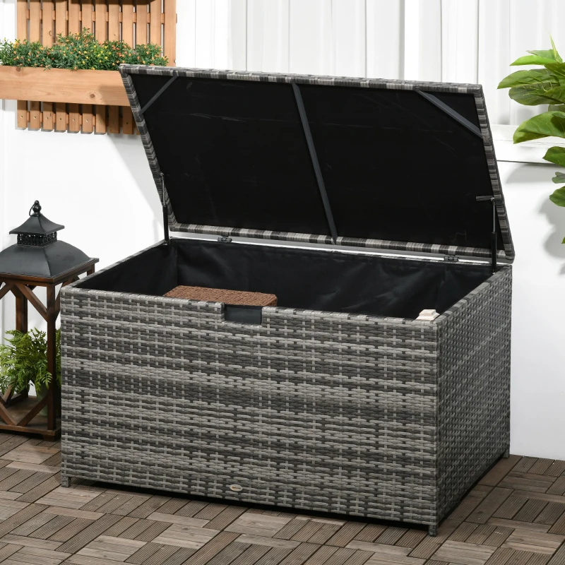 Outsunny 113 Gallon Outdoor Storage Box, Rattan Deck Box for Indoor, Patio Furniture Cushions, Pool Garden Tools, Dark Gray