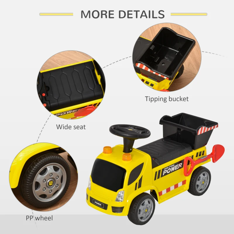 Aosom Kids Push Car Toddler Ride-on Construction Toy Cart for Age 18-36 Months with Shovel, Headlights, and Music, Yellow