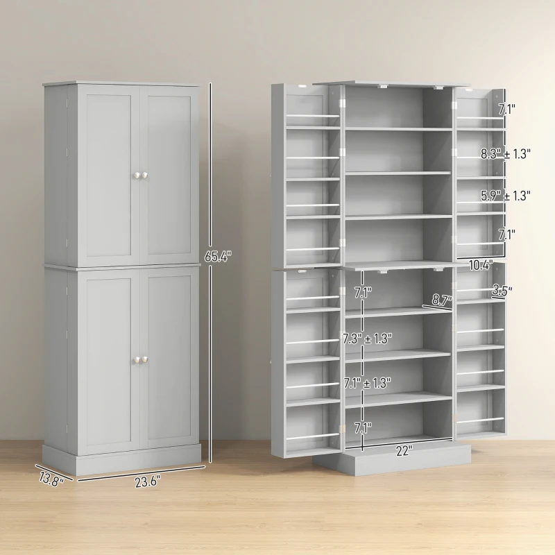 HOMCOM 65" Kitchen Cabinet, Kitchen Pantry Cabinet with 4 Doors and 16 Door Shelves for Dining Room, Gray