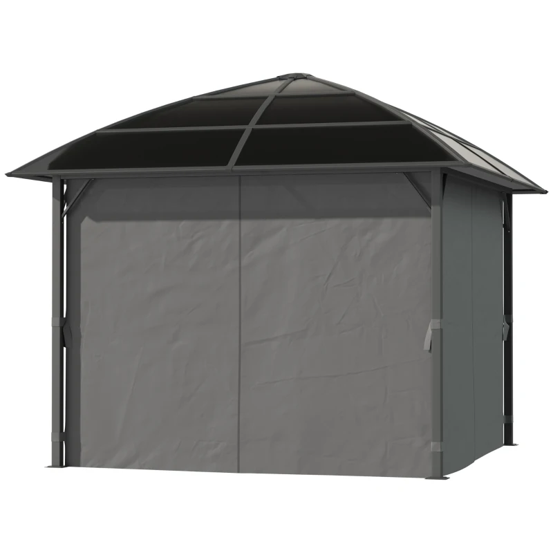 Outsunny 10' x 10' Outdoor Hardtop Gazebo Canopy with UV60+ Polycarbonate Roof, Steel Frame, Central Hook, Curtains, Dark Grey