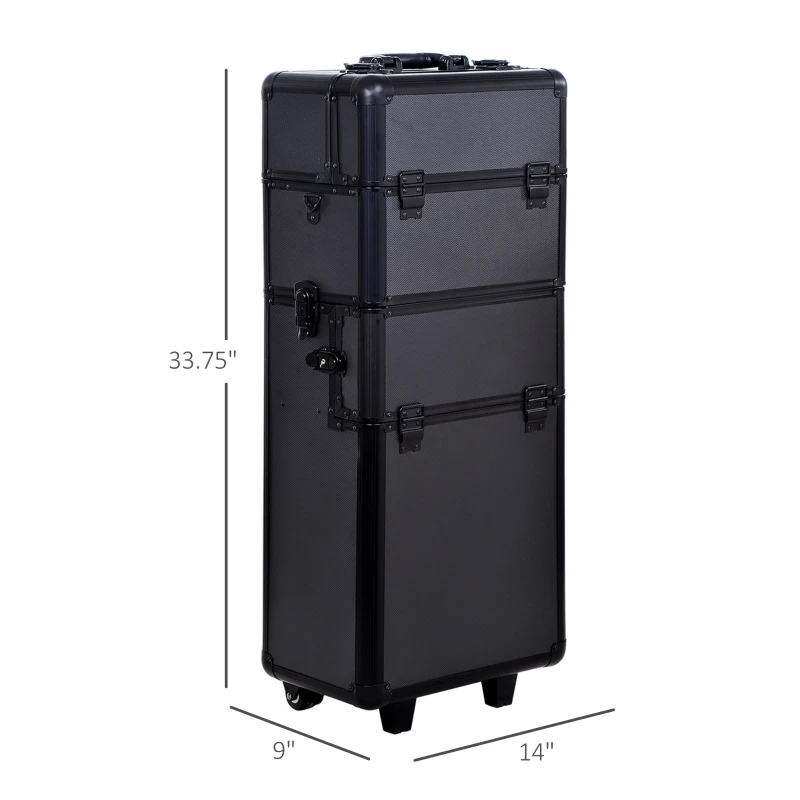 HOMCOM Pro 3 in 1 Portable Aluminum Makeup Train Cases Rolling Cosmetic Organizer Box, Black (Black)