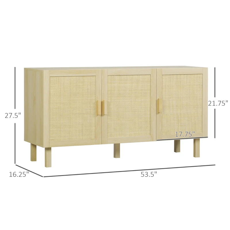 HOMCOM Boho Kitchen Cabinet, Buffet Cabinet with 3 Rattan Doors and Adjustable Shelves for Dining Room, Natural