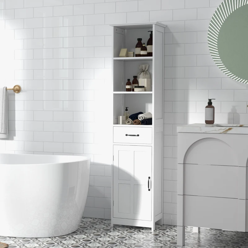 kleankin Modern Bathroom Cabinet, Narrow Storage Cabinet with 3 Open Shelves, Drawer, Recessed Door and Adjustable Shelf, White