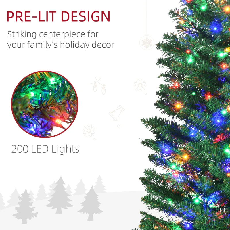 HOMCOM 7.5' Artificial Pencil Christmas Trees Holiday Decoration with Colourful LED Lights, Steel Base, Skinny Shape