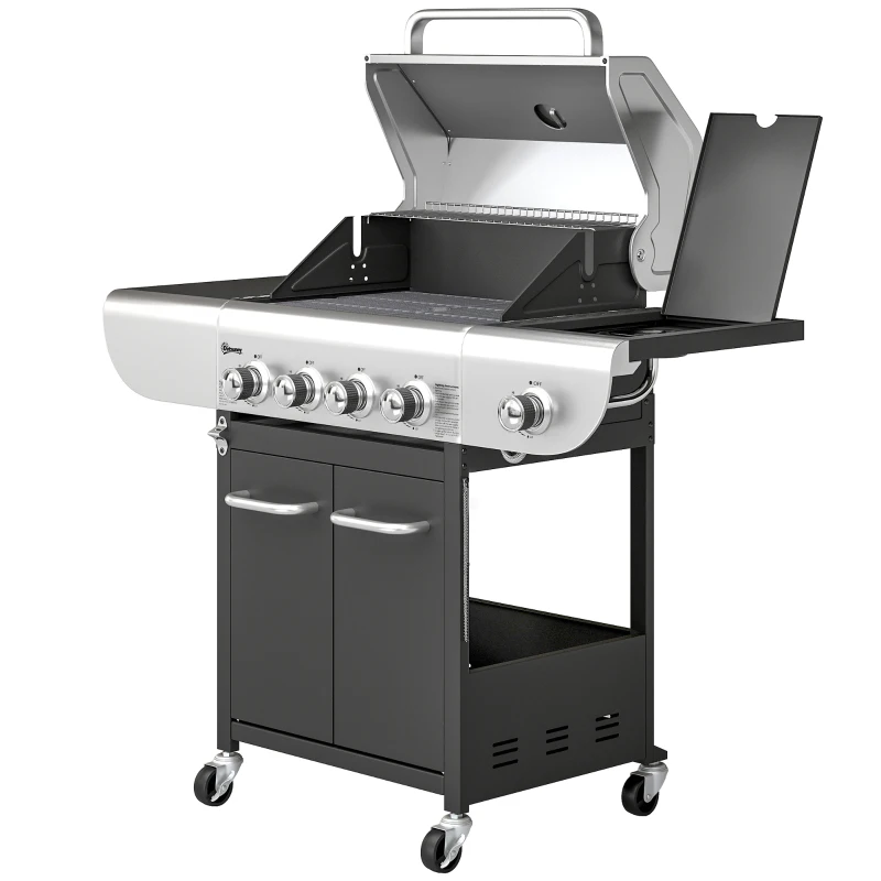 Outsunny 4 Burner Propane Gas Grill with Side Burner, 53,000 BTU BBQ Grill with Cast Iron Grates, Wheels, Warming Rack, Cabinet