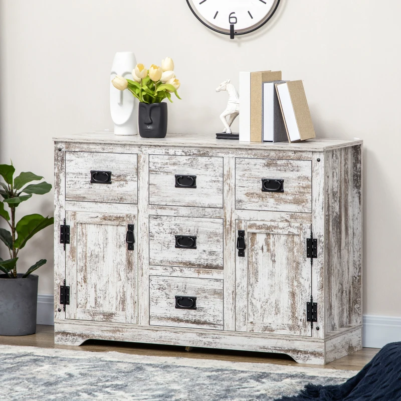 HOMCOM Sideboard Buffet Kitchen Sideboard Cabinet with Five Drawers Two Door Cabinets Adjustable Shelf for Living Room White