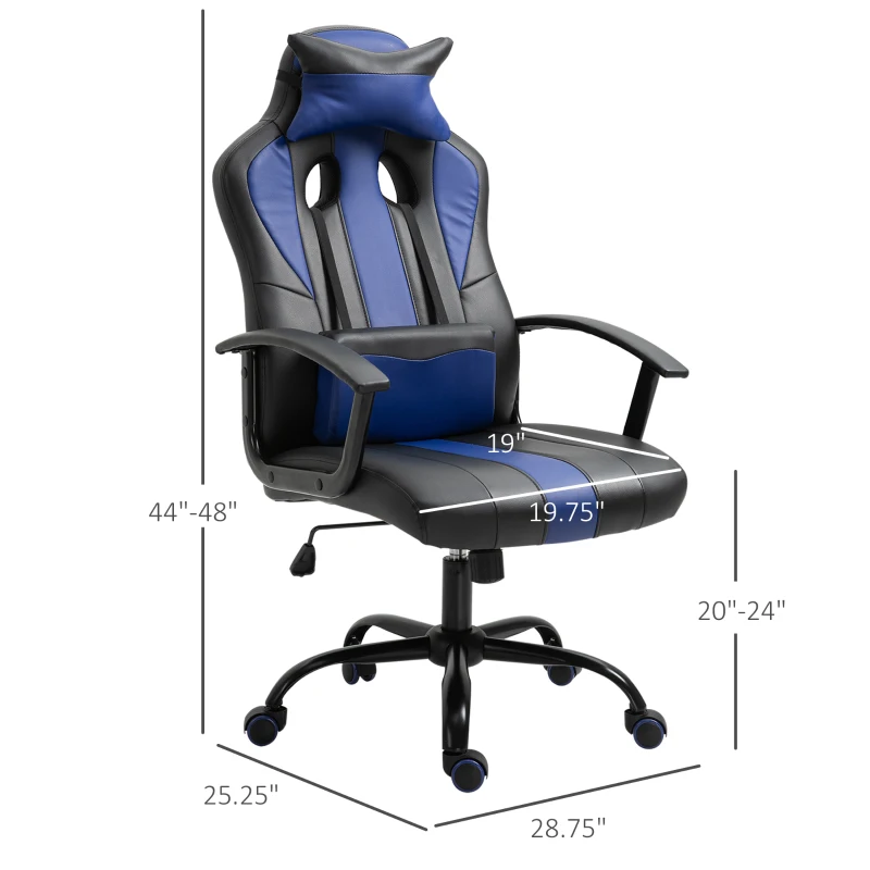 Vinsetto Office Chair High Back Racing Style Gaming Chair Adjustable PU Leather Swivel Computer Task Seat with Lumbar Support and Pillow Blue