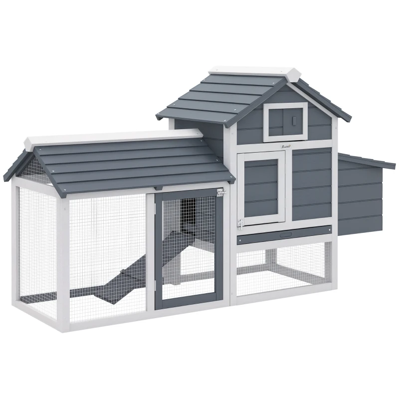 PawHut 60" Large Chicken Coop Wooden Hen House for Outdoor Backyard with 2 Doors, Nesting Box and Removable Tray, White
