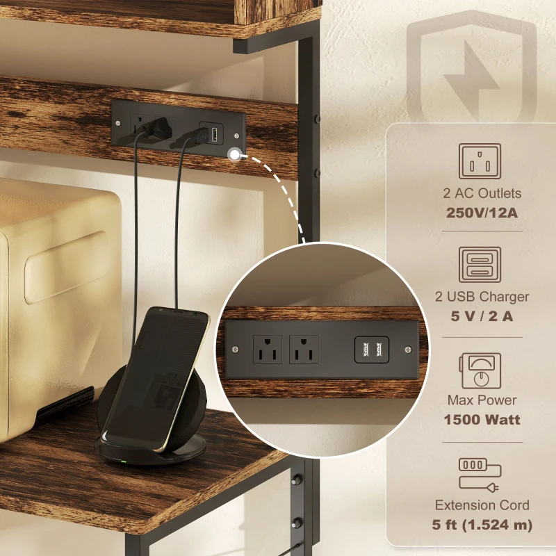 HOMCOM Baker's Rack with Charing Station, Microwave Shelf with Power Outlet, USB Charger and 5 Hooks, Rustic Brown