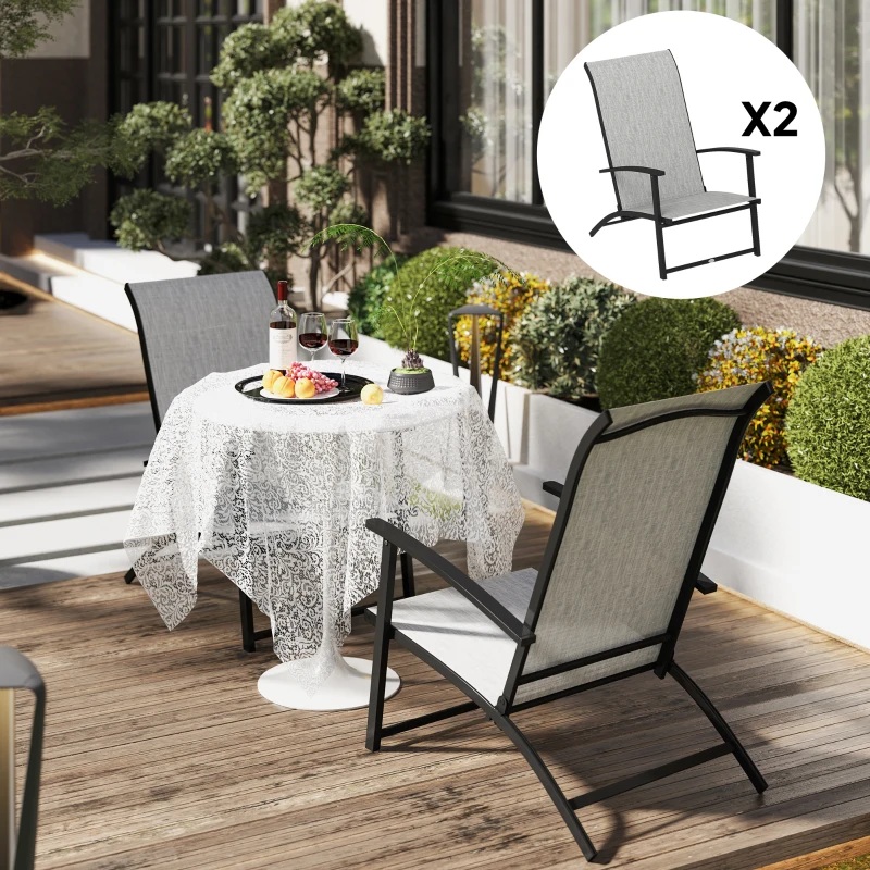 Outsunny Set of 2 Outdoor Dining Chairs with High Back, Armrests, Folding Patio Chairs for Patio, Lawn, Camping, Gray