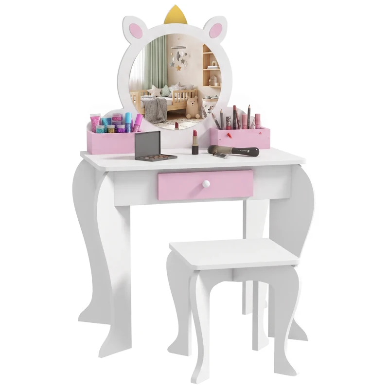 Qaba Kids Makeup Vanity Set with Stool, Mirror, Drawer, Storage Boxes, Unicorn Design, White