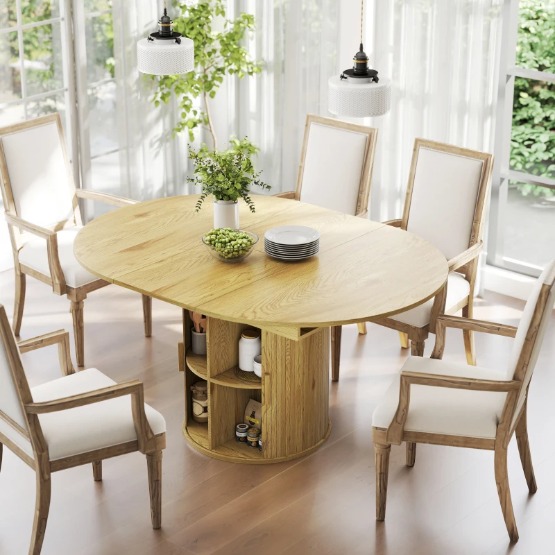 HOMCOM Extendable Dining Table for 6, 60" Farmhouse Kitchen Table with 2-Tier Storage Shelf and Fluted Sliding Doors, Natural