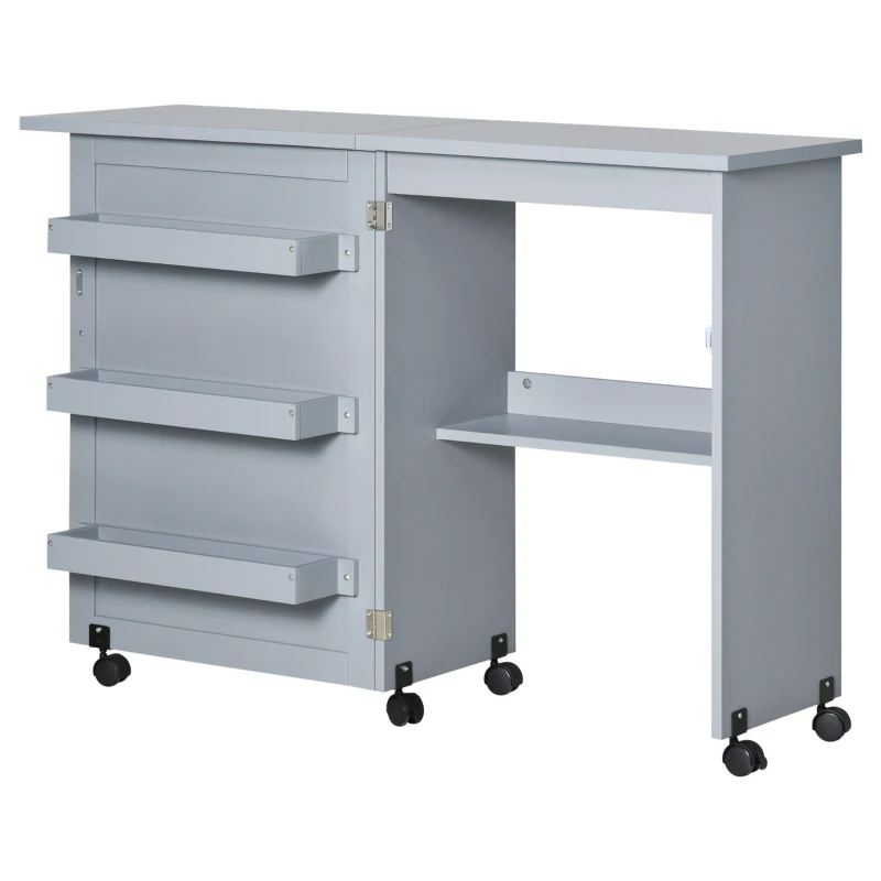HOMCOM Folding Sewing Table, Rolling Utility Work Station Side Desk with 3-Tier Storage Bins, Shelf, and Lockable Casters, Grey