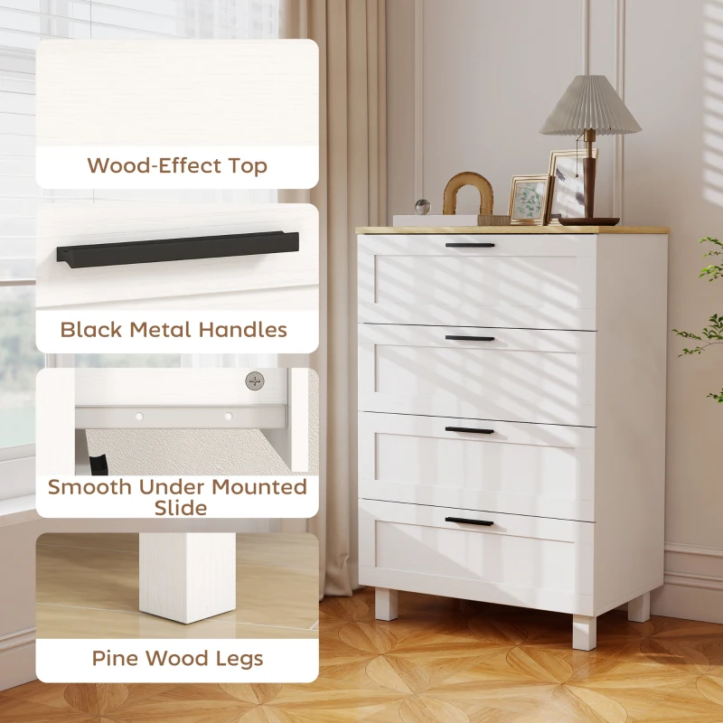 HOMCOM Dresser for Bedroom with 4 Drawers, Chest of Drawers with Solid Wood Legs for Closet, Living Room, Entryway, White