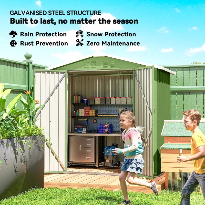 Outsunny 6.5' x 4'  Outdoor Storage Shed, Metal Garden Shed with Lockable Double Doors, 4 Vents, Light Green