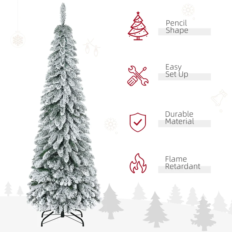 HOMCOM 6' Artificial Slim Flocked Christmas Trees, with Snow Frosted Branches, Downswept Shape, Steel Base