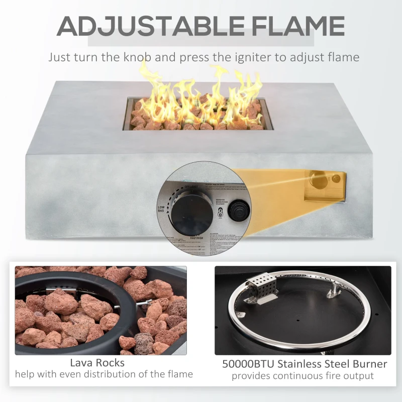 Outsunny Outdoor Propane Fire Pit Table Faux Grey Ledge Stone 42-inch Square Gas Fire Pit Table, 50,000BTU Auto Ignition Gas Firepits with Protective Cover, Lava Rocks, CSA Certification for Outdoor, Grey