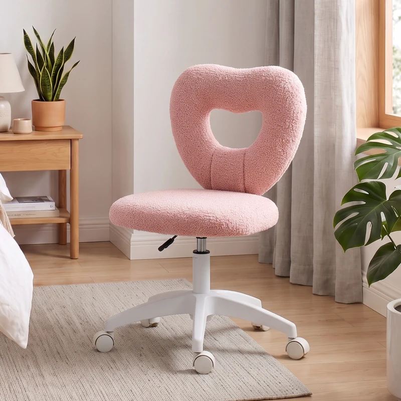 HOMCOM Armless Computer Desk Chair, Office Task Chair, Teddy Fleece Heart Makeup Vanity Chair with Swivel Wheels, Pink