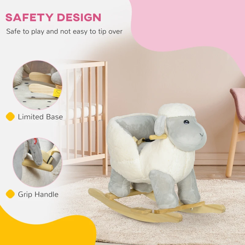 Qaba Baby Rocking Horse Lamb with Seat Belt, Sounds & Pedals for Kids 18-36 Months, Gray