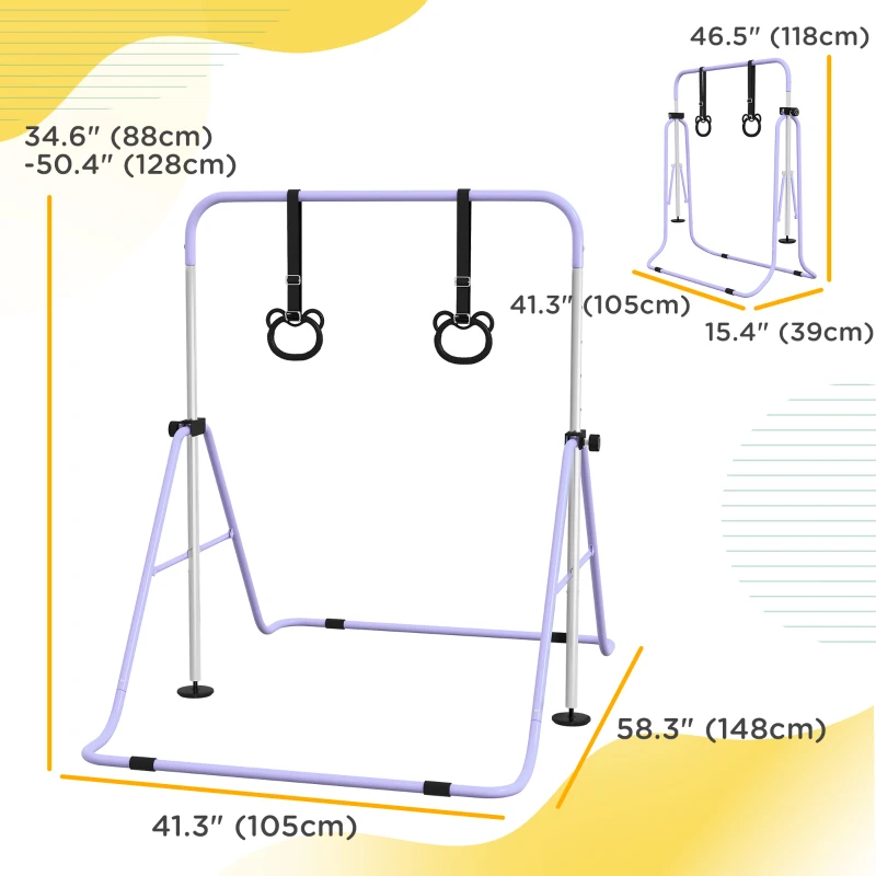Qaba Kids Gymnastics Bar, Adjustable Height Folding Horizontal Bar with Gymnastics Rings, Non-slip Rubber Floor Rings, Purple