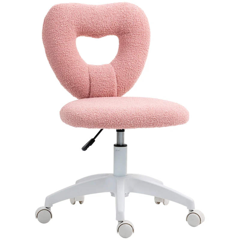 HOMCOM Armless Computer Desk Chair, Office Task Chair, Teddy Fleece Heart Makeup Vanity Chair with Swivel Wheels, Pink