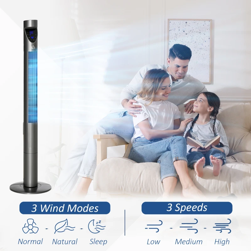 HOMCOM 46 Inch Tower Fan for Bedroom Cooling, 70°Oscillating Fan with 3 Speeds, 12H Timer, and Remote Control, Standing Floor Fan for Home Office, Grey