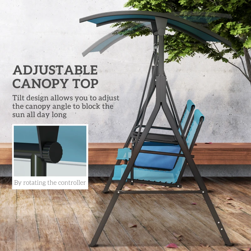 Outsunny 2 Person Porch Swing with Canopy, Storage Table, Cup Holder, Blue